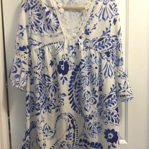 Blue and White Summer Dress with crochet detail - Size L - Never Worn